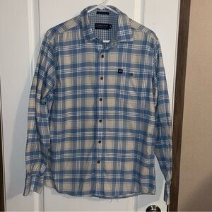 Fish Hippie Shirt Men Medium Flannel long Sleeve Blue/ Cream Plaid Pocket Soft